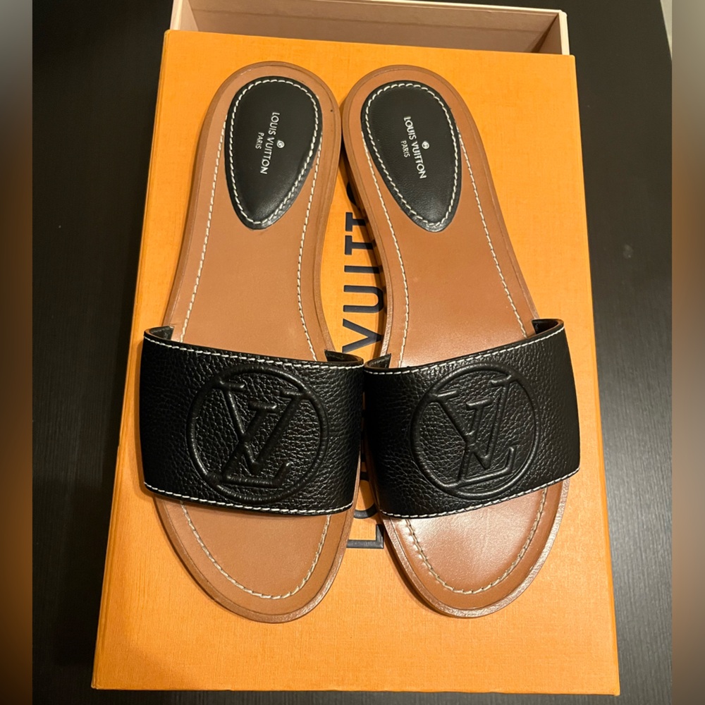 Louis Vuitton Black and Tan Slide Sandals